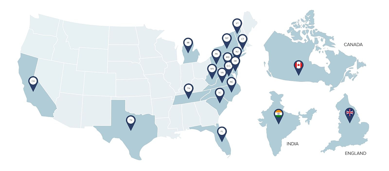 Map highlighting locations in North America, India, England.